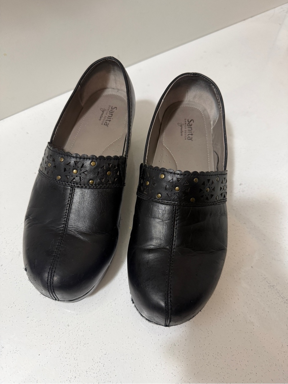 Sanita Black Leather Slip-On Loafers with Studded Trim